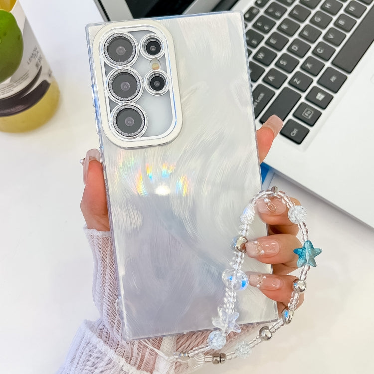 For Samsung Galaxy S25 Ultra 5G Plating Glitter Texture Chain Wristband TPU Phone Case with Lens Film(White Feather Yarn)