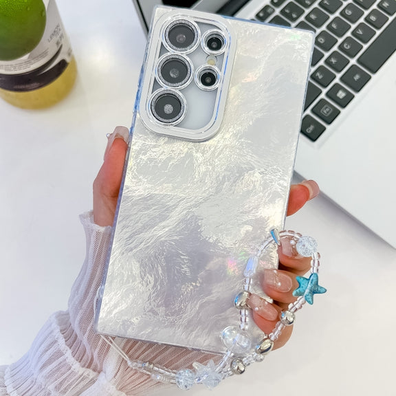 For Samsung Galaxy S25 Ultra 5G Plating Glitter Texture Chain Wristband TPU Phone Case with Lens Film(White Tinfoil Texture)