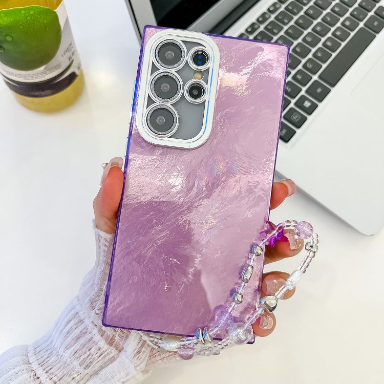 For Samsung Galaxy S25 Ultra 5G Plating Glitter Texture Chain Wristband TPU Phone Case with Lens Film(Purple Tinfoil Texture)