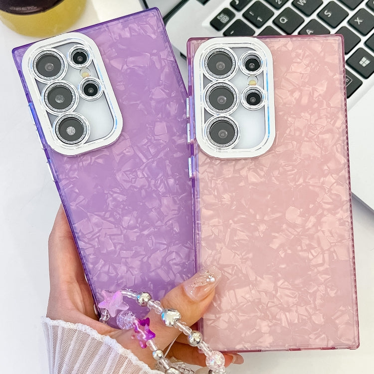 For Samsung Galaxy S25+ 5G Plating Glitter Texture Chain Wristband TPU Phone Case with Lens Film(Purple Shell Pattern)