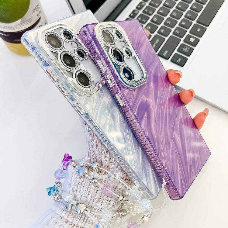 For Samsung Galaxy S25+ 5G Plating Glitter Texture Chain Wristband TPU Phone Case with Lens Film(Purple Shell Pattern)