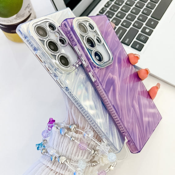 For Samsung Galaxy S25 5G Plating Glitter Texture Chain Wristband TPU Phone Case with Lens Film(White Shell Pattern)