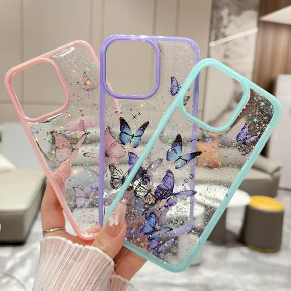 For iPhone 16 Pro Color Butterfly Glitter Epoxy TPU Phone Case(Pink)
