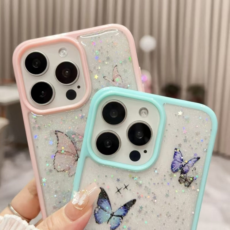 For iPhone 16 Pro Color Butterfly Glitter Epoxy TPU Phone Case(Pink)