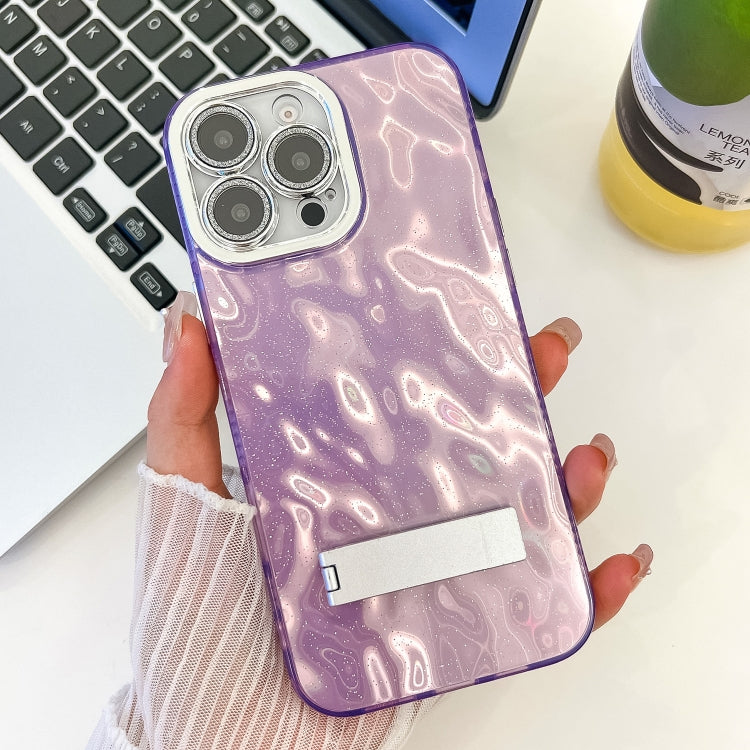 For iPhone 16 Pro Plating Glitter Texture Fold Holder TPU Phone Case with Lens Film(Purple Wrinkles)