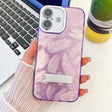 For iPhone 16 Plus Plating Glitter Texture Fold Holder TPU Phone Case with Lens Film(Purple Feathers) - iPhone 16 Plus Cases by PMC TechLife | Online Shopping South Africa | PMC TechLife | Buy Now Pay Later Mobicred
