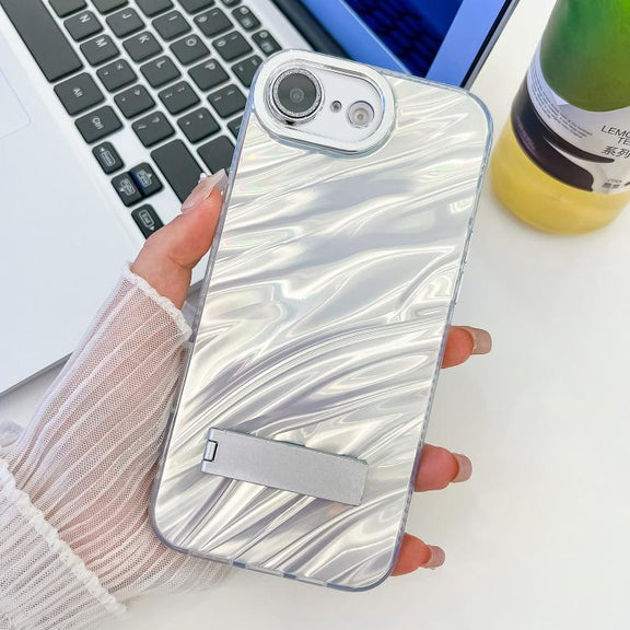For iPhone 16e Plating Glitter Texture Fold Holder TPU Phone Case with Lens Film(White Water Ripples)