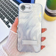 For iPhone 16e Plating Glitter Texture Fold Holder TPU Phone Case with Lens Film(White Feather Yarn) - iPhone 16e Cases by PMC TechLife | Online Shopping South Africa | PMC TechLife | Buy Now Pay Later Mobicred