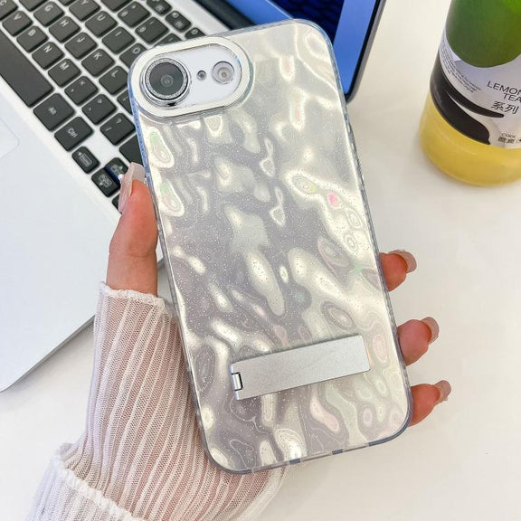 For iPhone 16e Plating Glitter Texture Fold Holder TPU Phone Case with Lens Film(White Wrinkles)