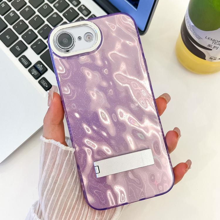 For iPhone 16e Plating Glitter Texture Fold Holder TPU Phone Case with Lens Film(Purple Wrinkles)