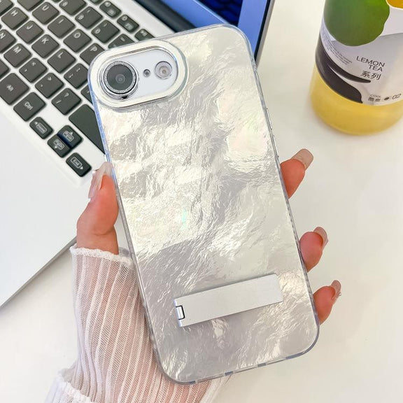 For iPhone 16e Plating Glitter Texture Fold Holder TPU Phone Case with Lens Film(White Tinfoil Texture)