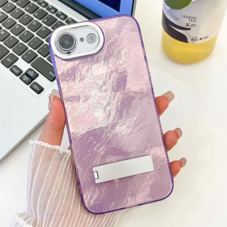 For iPhone 16e Plating Glitter Texture Fold Holder TPU Phone Case with Lens Film(Purple Tinfoil Texture)