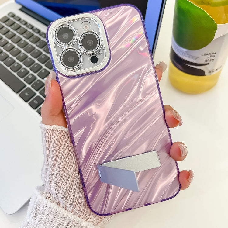 For iPhone 16 Plating Glitter Texture Fold Holder TPU Phone Case with Lens Film(White Tinfoil Texture)