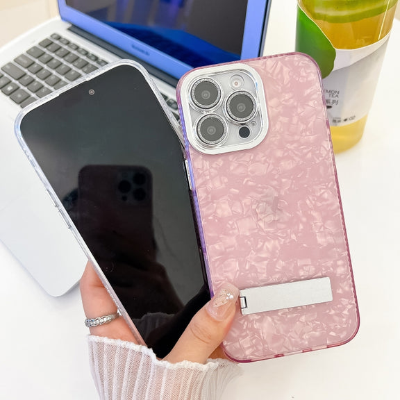 For iPhone 16 Plating Glitter Texture Fold Holder TPU Phone Case with Lens Film(White Tinfoil Texture)