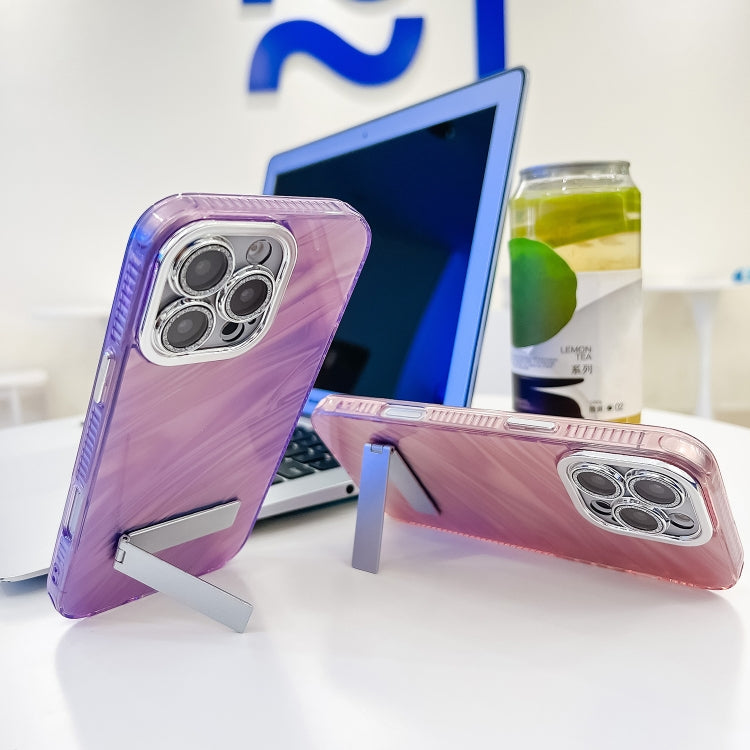 For iPhone 16 Plus Plating Glitter Texture Fold Holder TPU Phone Case with Lens Film(Purple Feathers)