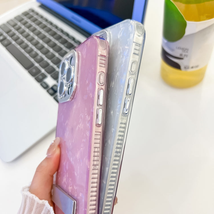 For iPhone 16 Plus Plating Glitter Texture Fold Holder TPU Phone Case with Lens Film(Purple Feathers)