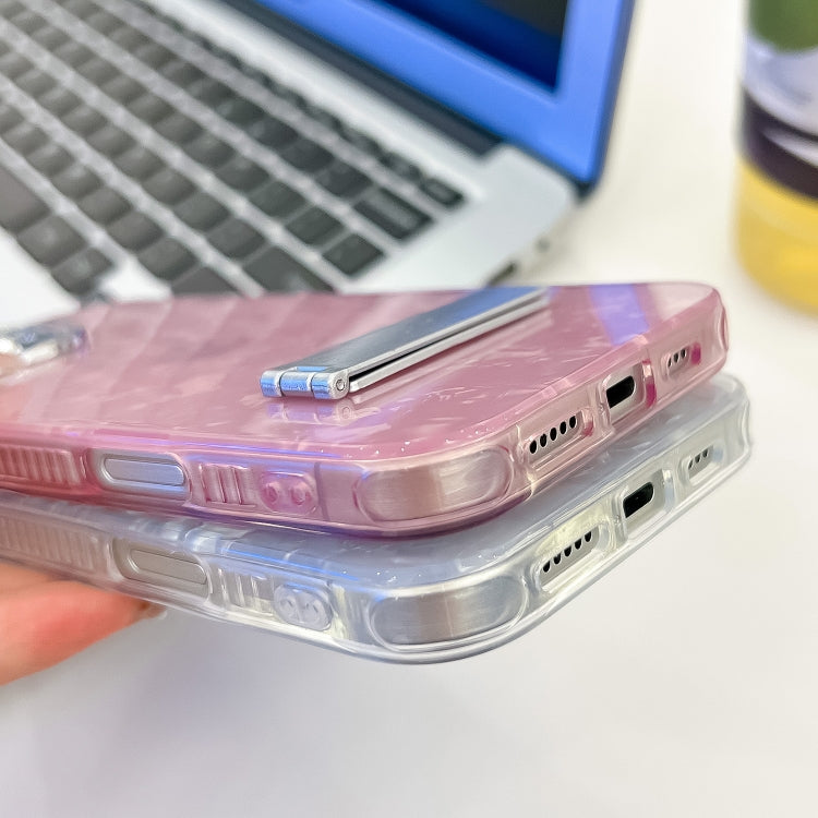 For iPhone 16e Plating Glitter Texture Fold Holder TPU Phone Case with Lens Film(Purple Tinfoil Texture)