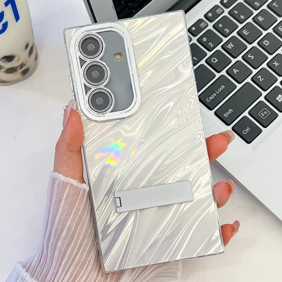 For Samsung Galaxy S25 5G Plating Glitter Texture Fold Holder TPU Phone Case with Lens Film(White Water Ripples)