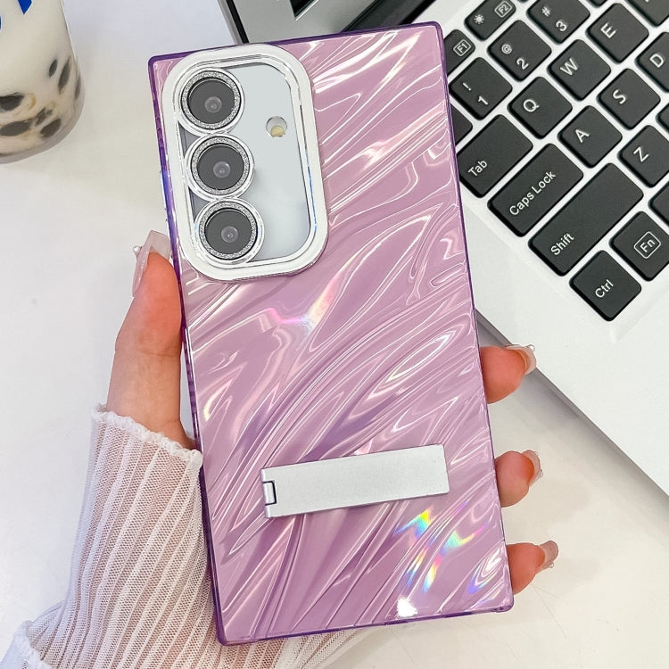 For Samsung Galaxy S25 5G Plating Glitter Texture Fold Holder TPU Phone Case with Lens Film(Purple Water Ripples)