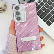 For Samsung Galaxy S25 5G Plating Glitter Texture Fold Holder TPU Phone Case with Lens Film(Purple Water Ripples)
