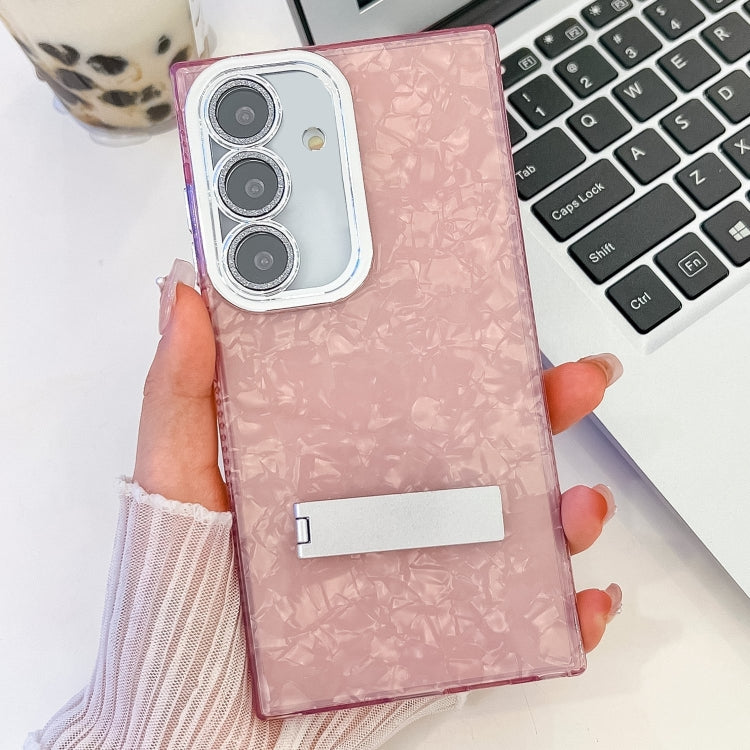 For Samsung Galaxy S25 5G Plating Glitter Texture Fold Holder TPU Phone Case with Lens Film(Pink Shell Pattern)