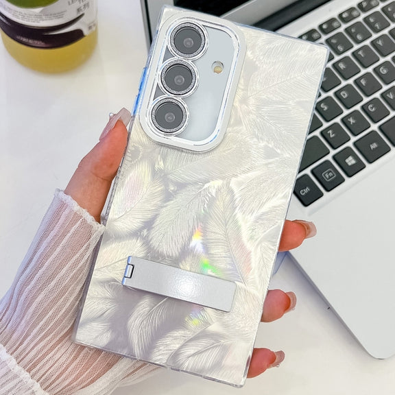 For Samsung Galaxy S25 5G Plating Glitter Texture Fold Holder TPU Phone Case with Lens Film(White Feathers)