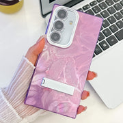 For Samsung Galaxy S25 5G Plating Glitter Texture Fold Holder TPU Phone Case with Lens Film(Purple Feathers)