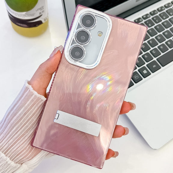 For Samsung Galaxy S25 5G Plating Glitter Texture Fold Holder TPU Phone Case with Lens Film(Pink Feather Yarn)