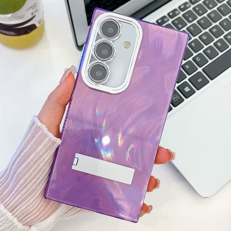For Samsung Galaxy S25 5G Plating Glitter Texture Fold Holder TPU Phone Case with Lens Film(Purple Feather Yarn)