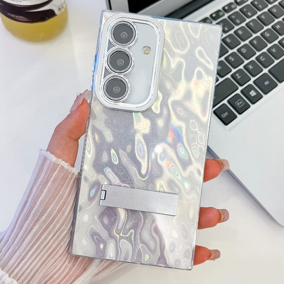 For Samsung Galaxy S25 5G Plating Glitter Texture Fold Holder TPU Phone Case with Lens Film(White Wrinkles)