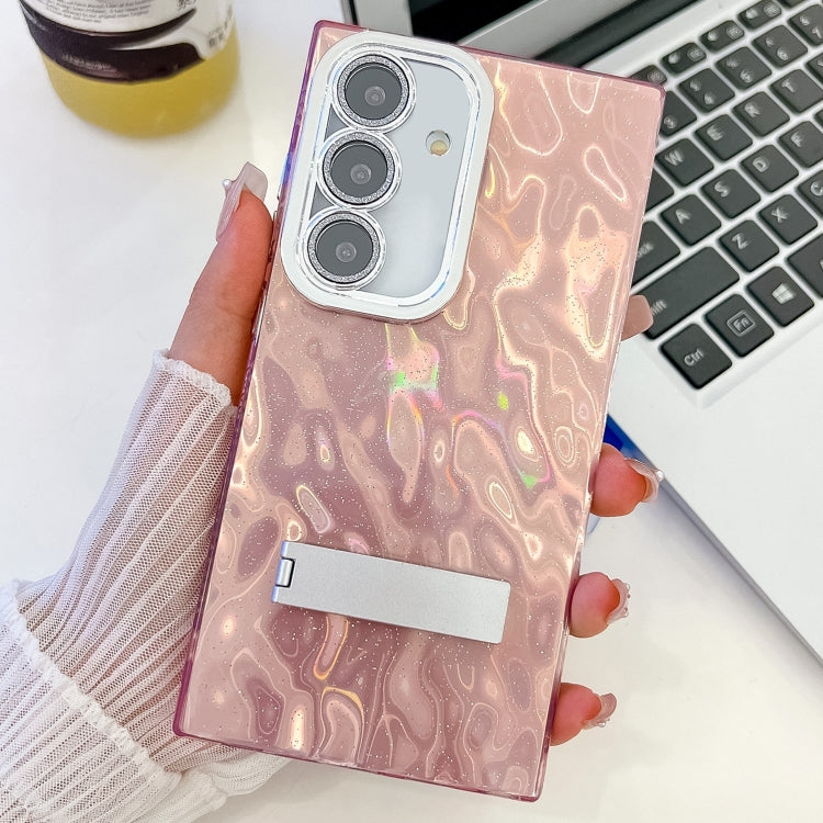 For Samsung Galaxy S25 5G Plating Glitter Texture Fold Holder TPU Phone Case with Lens Film(Pink Wrinkles)