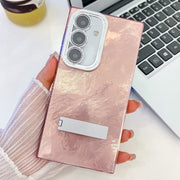 For Samsung Galaxy S25 5G Plating Glitter Texture Fold Holder TPU Phone Case with Lens Film(Pink Tinfoil Texture)