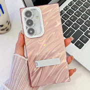 For Samsung Galaxy S25+ 5G Plating Glitter Texture Fold Holder TPU Phone Case with Lens Film(Pink Water Ripples)