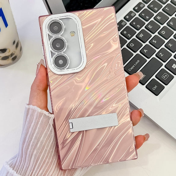 For Samsung Galaxy S25+ 5G Plating Glitter Texture Fold Holder TPU Phone Case with Lens Film(Pink Water Ripples)