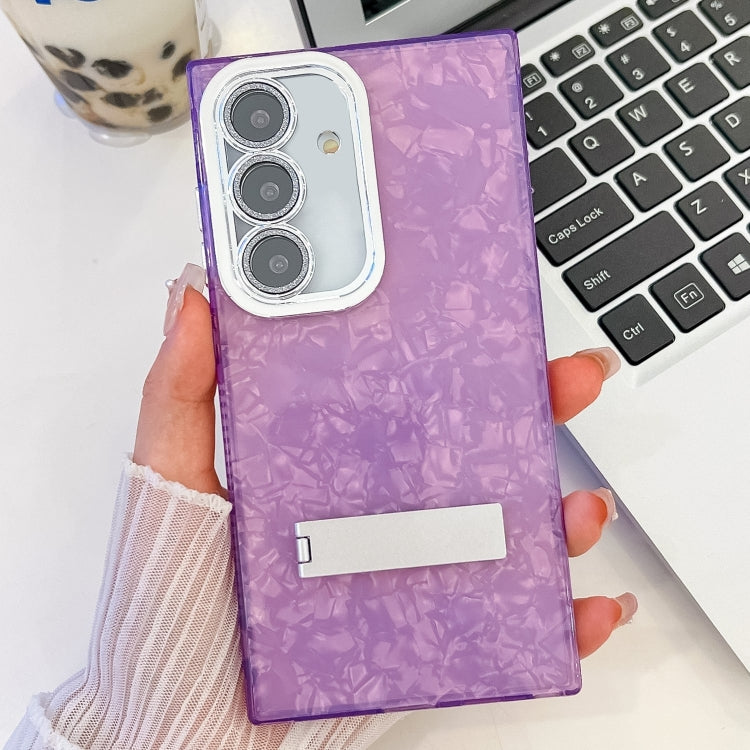 For Samsung Galaxy S25+ 5G Plating Glitter Texture Fold Holder TPU Phone Case with Lens Film(Purple Shell Pattern)