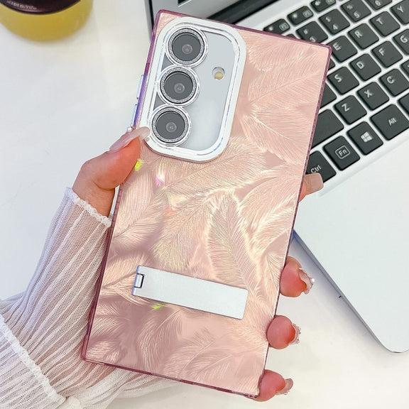 For Samsung Galaxy S25+ 5G Plating Glitter Texture Fold Holder TPU Phone Case with Lens Film(Pink Feathers)