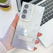 For Samsung Galaxy S25+ 5G Plating Glitter Texture Fold Holder TPU Phone Case with Lens Film(White Feather Yarn)