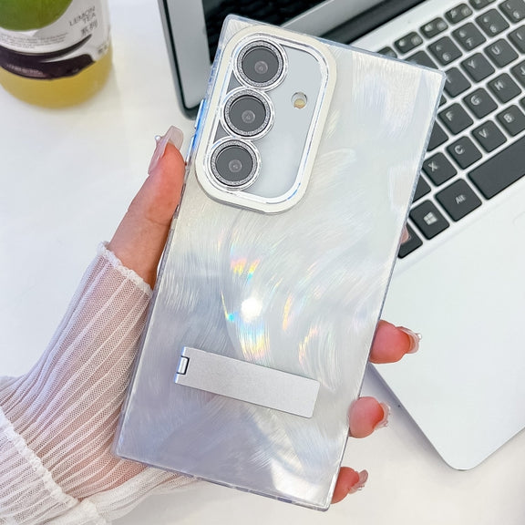 For Samsung Galaxy S25+ 5G Plating Glitter Texture Fold Holder TPU Phone Case with Lens Film(White Feather Yarn)