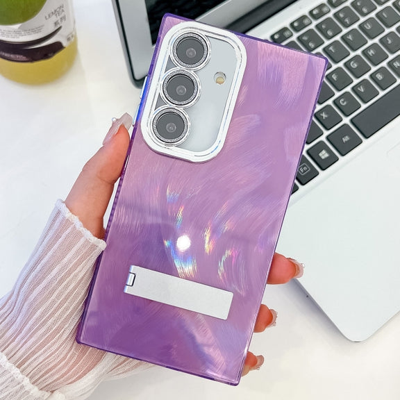 For Samsung Galaxy S25+ 5G Plating Glitter Texture Fold Holder TPU Phone Case with Lens Film(Purple Feather Yarn)