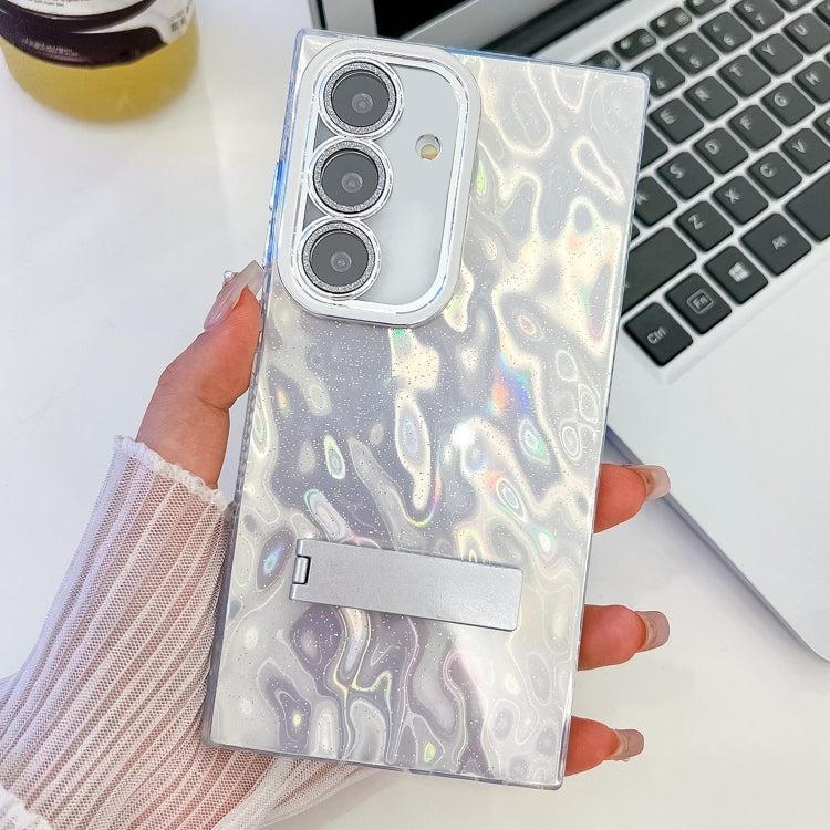 For Samsung Galaxy S25+ 5G Plating Glitter Texture Fold Holder TPU Phone Case with Lens Film(White Wrinkles)