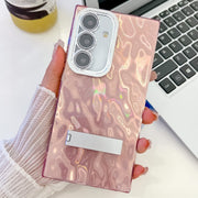 For Samsung Galaxy S25+ 5G Plating Glitter Texture Fold Holder TPU Phone Case with Lens Film(Pink Wrinkles)