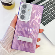 For Samsung Galaxy S25+ 5G Plating Glitter Texture Fold Holder TPU Phone Case with Lens Film(Purple Wrinkles)