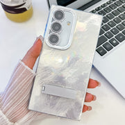 For Samsung Galaxy S25+ 5G Plating Glitter Texture Fold Holder TPU Phone Case with Lens Film(White Tinfoil Texture)
