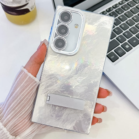 For Samsung Galaxy S25+ 5G Plating Glitter Texture Fold Holder TPU Phone Case with Lens Film(White Tinfoil Texture)