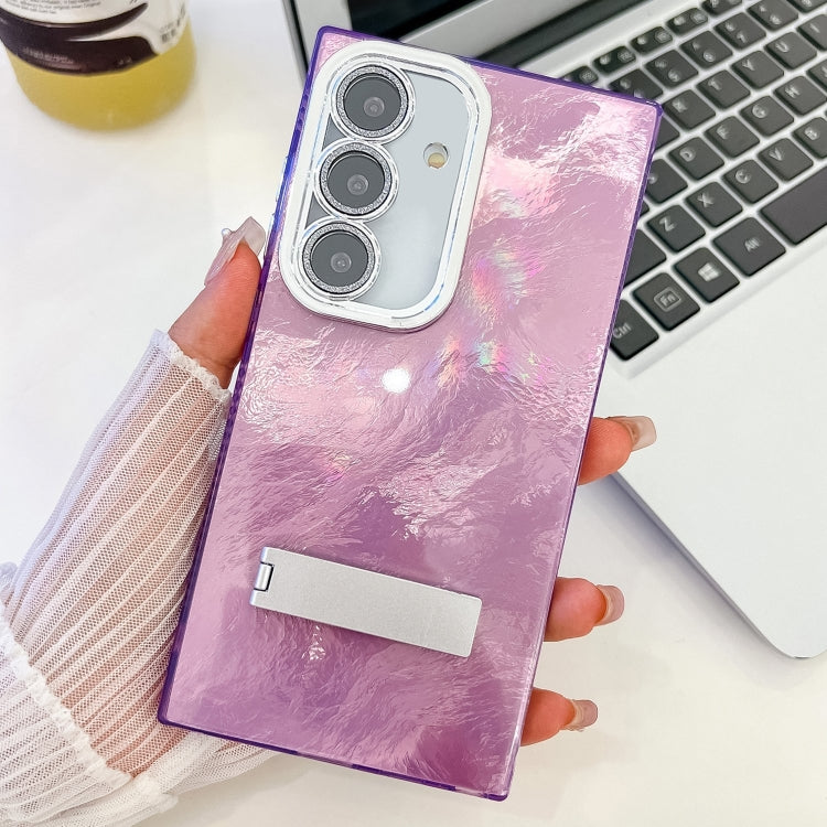 For Samsung Galaxy S25+ 5G Plating Glitter Texture Fold Holder TPU Phone Case with Lens Film(Purple Tinfoil Texture)