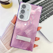 For Samsung Galaxy S25+ 5G Plating Glitter Texture Fold Holder TPU Phone Case with Lens Film(Purple Tinfoil Texture)