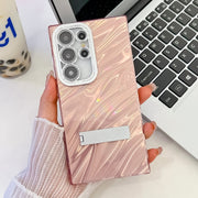 For Samsung Galaxy S25 Ultra 5G Plating Glitter Texture Fold Holder TPU Phone Case with Lens Film(Pink Water Ripples)