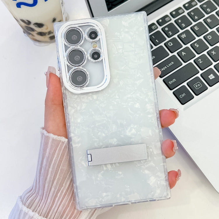 For Samsung Galaxy S25 Ultra 5G Plating Glitter Texture Fold Holder TPU Phone Case with Lens Film(White Shell Pattern)