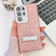 For Samsung Galaxy S25 Ultra 5G Plating Glitter Texture Fold Holder TPU Phone Case with Lens Film(Pink Shell Pattern)