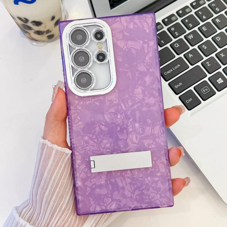 For Samsung Galaxy S25 Ultra 5G Plating Glitter Texture Fold Holder TPU Phone Case with Lens Film(Purple Shell Pattern)